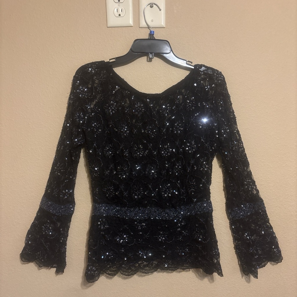 Laurence Kazar Vintage Black Sequin Lace Blouse